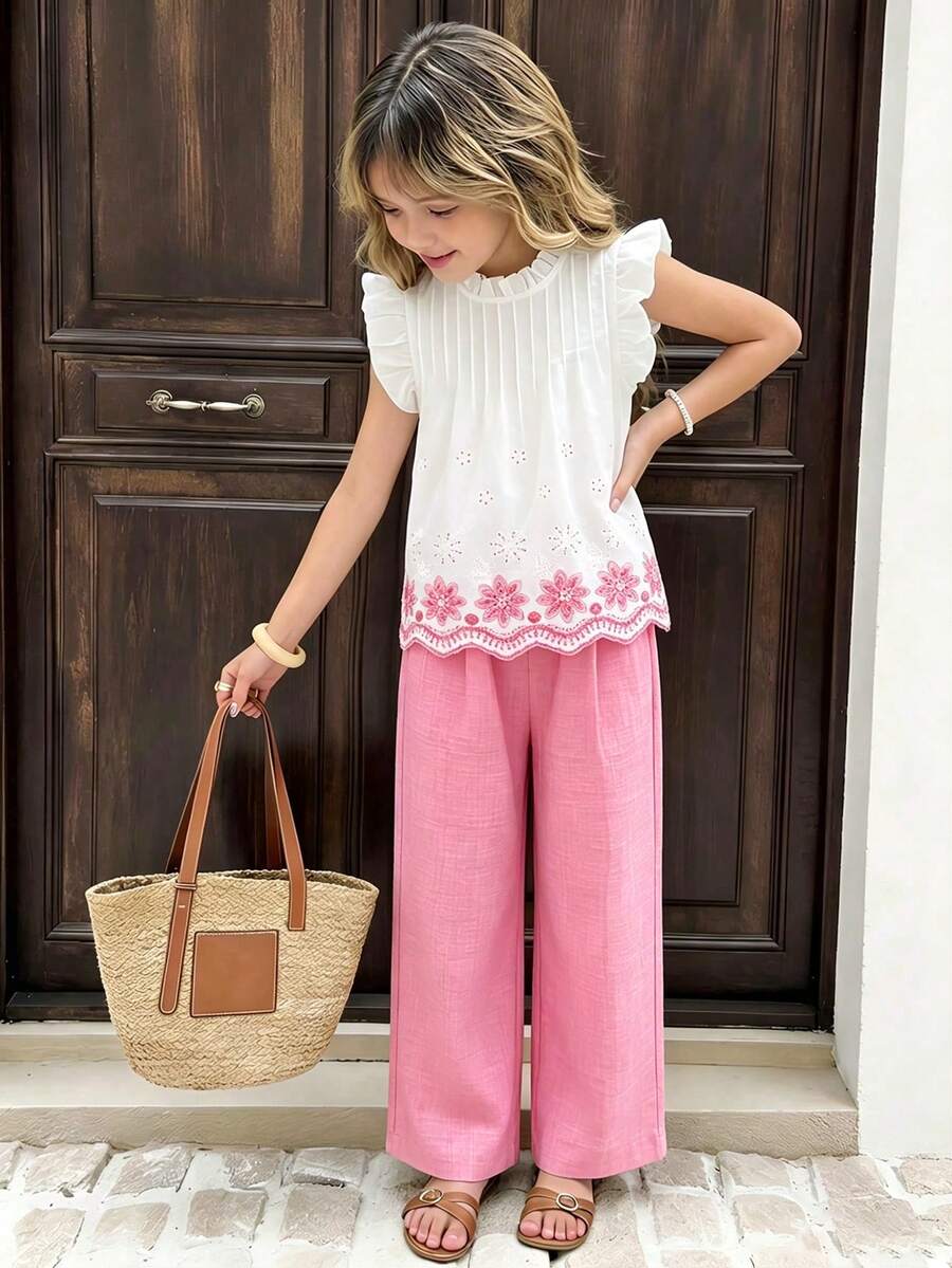 SHEIN Sparklyn 青少年女孩 2件/套 白色夏季熱帶度假風,花卉刺繡荷葉邊短袖上衣與寬鬆直筒長褲 - 粉色 - 查看 1