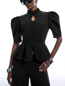 LYSMO Áo blazer nữ tay ngắn cổ sườn xám khoét rỗng màu trơn thanh lịch cho mùa hè - màu đen - Xem 6