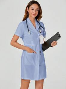 TaskEZ 纯色多口袋短袖实验服/白大褂 - 藍色 - 查看 4