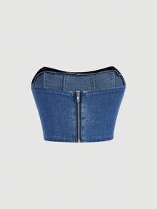 SHEIN MOD 拉链后背抹胸牛仔夏季束身胸衣 - 中等水洗藍 - 查看 2
