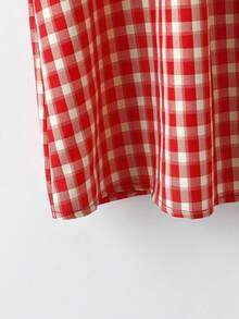 Franclia Blusa holgada de verano con volantes, cuello de lazo y estampado de cuadros rojos vintage en talla grande con estilo Y2K y preppy - Rojo - Ver 5