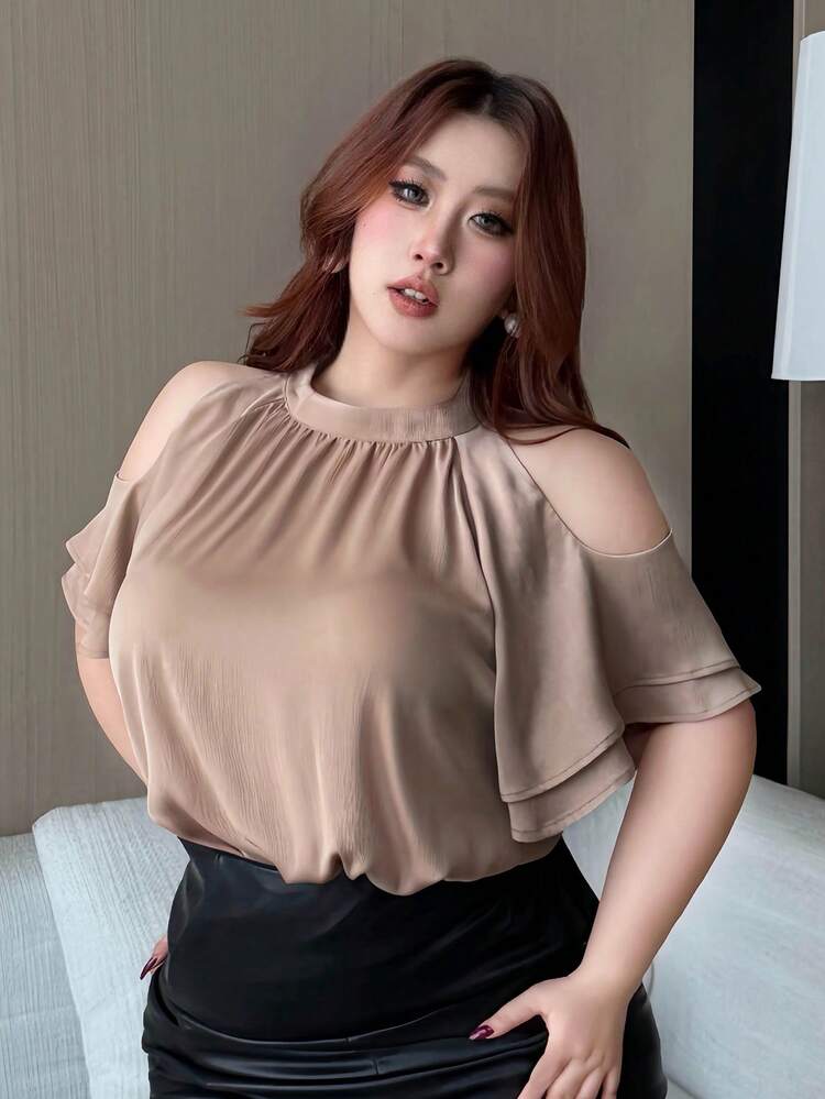 Dazy Plus Plus Size Women's Loose Fit Solid Color Chiffon Ruffle Collar Drop Shoulder Elegant Casual Blouse, Spring/Summer