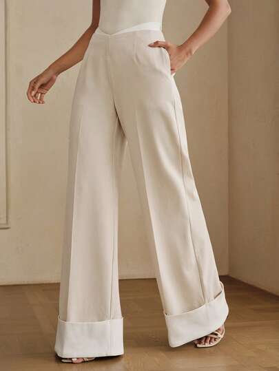 Anewsta Calça Pantalona Cintura V Colorblock Feminina, Design Minimalista, Estilo Maduro Leve, Bloqueio de Cor Branco e Bege, Primavera/Verão