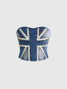 ROMWE Grunge Punk Y2K Retro Sexy Union Jack Metal Rivet Cropped Denim Top - Blue - View 1