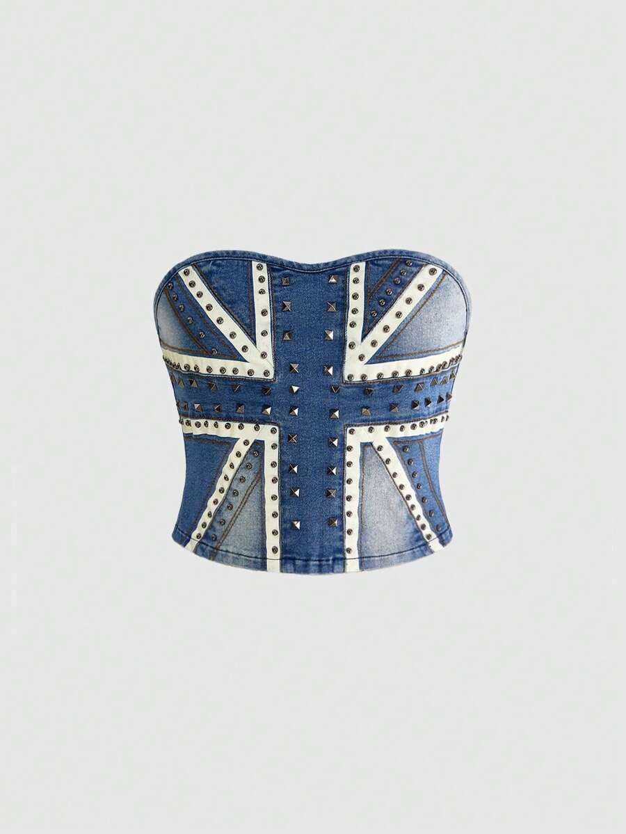 ROMWE Grunge Punk Y2K Retro Sexy Union Jack Metal Rivet Cropped Denim Top - Blue - View 1