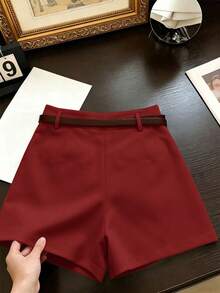 Pantalones cortos minimalistas de moda francesa, tejidos de unicolor, casuales para ir al trabajo, retro, de cintura alta, con silueta A y pierna ancha, para mujeres - Rojo - Ver 5