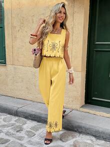 Set de 2 piezas con top con estampado floral y pantalones de pierna ancha, uso diario casual para mujer - Amarillo - Ver 3