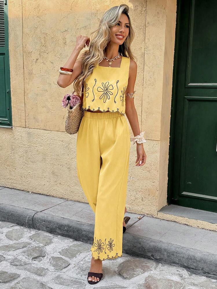 Set de 2 piezas con top con estampado floral y pantalones de pierna ancha, uso diario casual para mujer - Amarillo - Añade 3