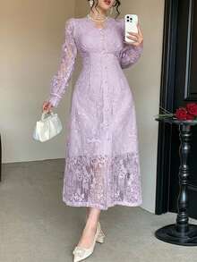 DAZY 優雅V領花瓣袖蕾絲中長洋裝，女性派對穿著，秋季陽光裙婚禮賓客洋裝 - 紫色 - 查看 5