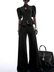 LYSMO Áo blazer nữ tay ngắn cổ sườn xám khoét rỗng màu trơn thanh lịch cho mùa hè - màu đen - Xem 5