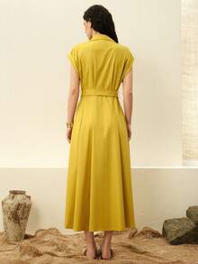 Arave Đầm tay cánh dơi thắt eo bằng vải cotton lanh, kiểu Pháp, thích hợp mặc hàng ngày, đi làm, đi nghỉ mát hoặc đi công sở. - Màu vàng - Xem 7
