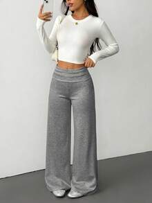 SHEIN PETITE Quần thể thao nữ màu trơn, ống rộng, cạp gập, dáng suông, thích hợp mặc ở nhà vào mùa thu và mùa đông. - Màu xám đen - Xem 5