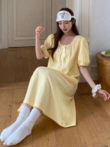 DAZY Áo ngủ mùa hè dành cho nữ, chất liệu có họa tiết, kiểu buộc dây. - Màu vàng - Xem 8