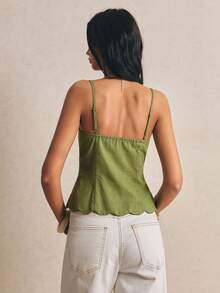 Poéselle Women's New Solid Color Front Tie-Up Shell Edge Design Pure Cotton Slub Woven Fashion Camisole - Green - View 3