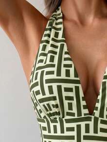 Swim Lushoire Women's Geometric Print Patchwork Color Halter One-Piece Swimsuit, Suitable For Beach Vacation Vacation, Pool Party, Beach Party Green Summer Casual - Olive Green - View 5