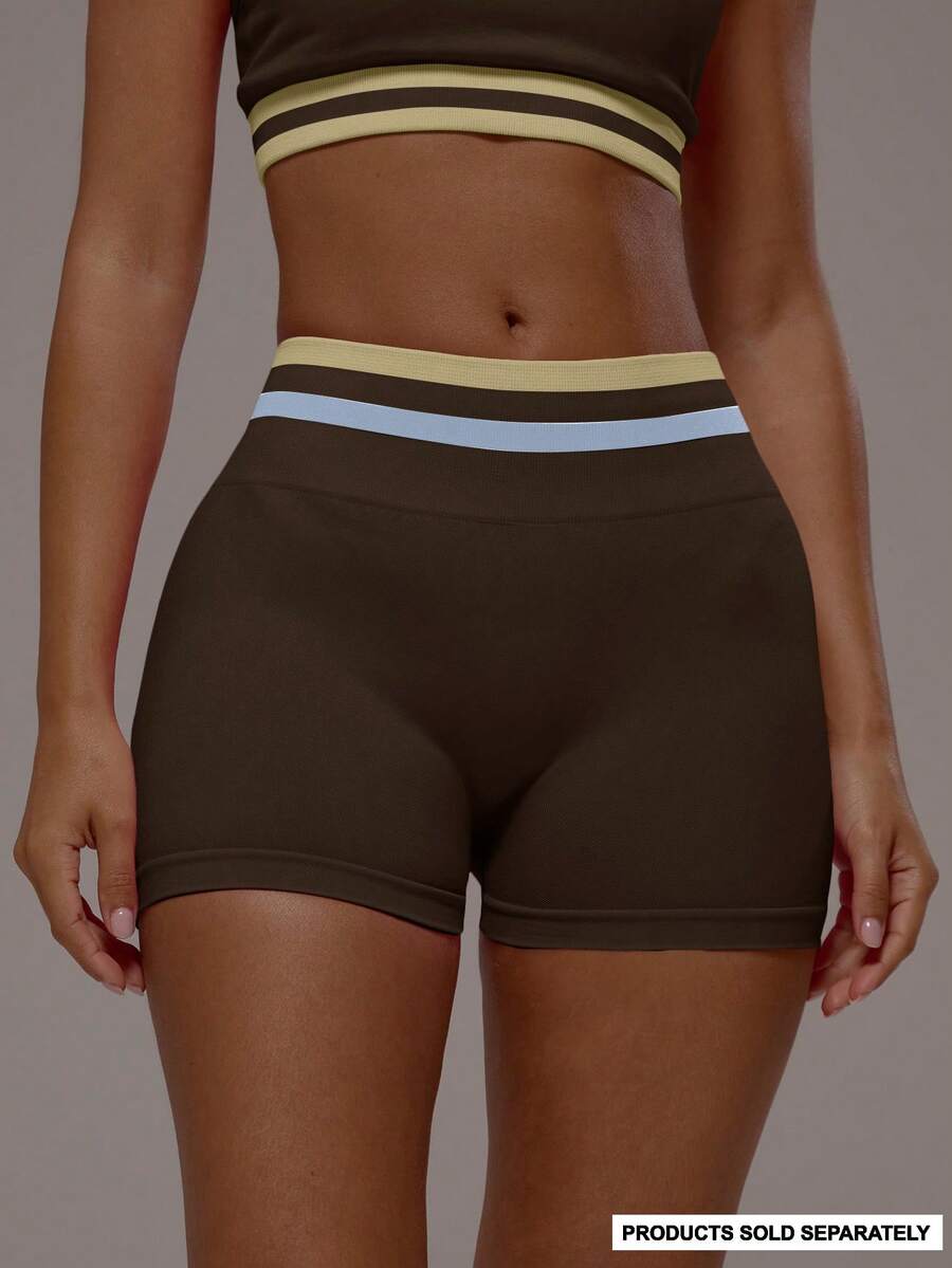 Musera Sport Contrast Waistband Scrunch Bum Active Booty Shorts Only Sport Workout Gym Pilates Fitness Daily Girly Casual Hot Sweat - Chocolate Brown - View 1