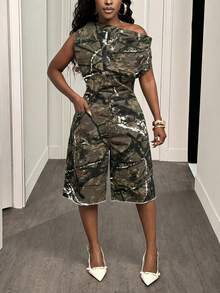 Slaydiva Bộ jumpsuit denim nữ kiểu dáng thường ngày với thiết kế vai bất đối xứng, thích hợp mặc hàng ngày. - xanh quân đội - Xem 5