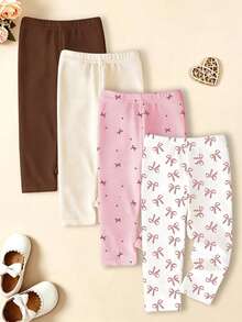 Set de 4 piezas de leggings elásticos de cintura sólida para bebé niña con gráficos de corazón y moño, pantalones y mallas en blanco y marrón para uso casual en otoño, vacaciones y primavera/verano - Multicolor - Ver 3