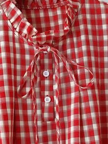 Franclia Blusa holgada de verano con volantes, cuello de lazo y estampado de cuadros rojos vintage en talla grande con estilo Y2K y preppy - Rojo - Ver 6