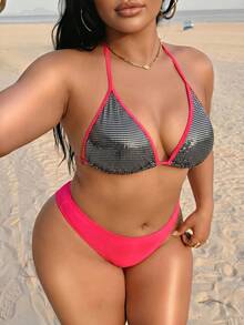 Swim SXY Top de bikini sexy con cuello halter, contraste de color y espalda abierta retorcida para tallas grandes - Plateado - Ver 7