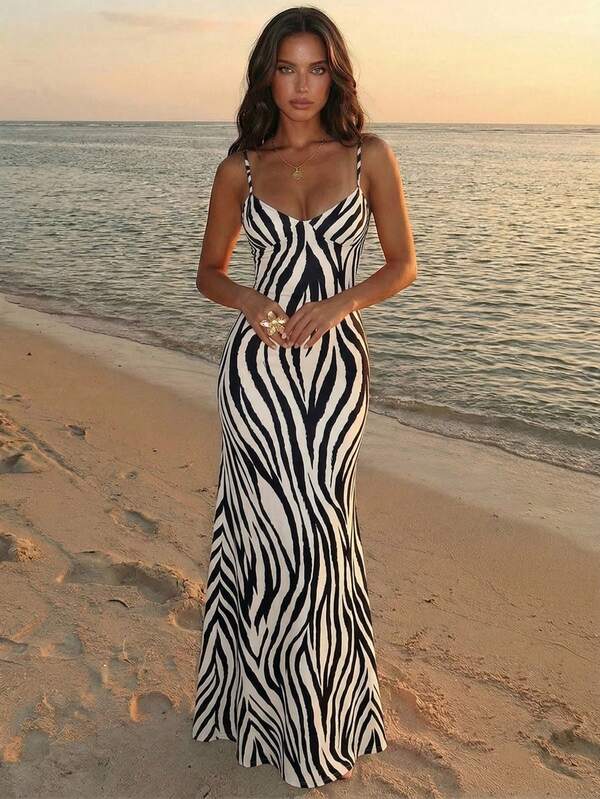Aloruh Đầm ôm sát gợi cảm họa tiết da báo cổ điển, dây mảnh, dành cho nữ, thích hợp cho kỳ nghỉ xuân/hè.