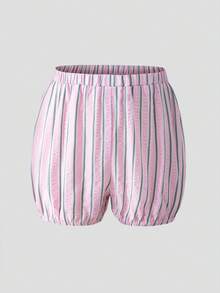 SHEIN 女童无袖圆领条纹荷叶边休闲背心套装，夏季 - 粉色 - 查看 10