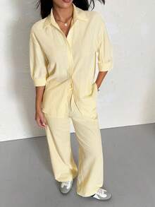 PETITE Conjunto casual de camisa y pantalones a rayas de mujer de color amarillo claro tejido, conjunto de verano a rayas amarillo, conjunto de dos piezas amarillo, conjunto cómodo de mujer amarillo, conjunto de dos piezas a rayas de mujer, conjuntos de salón para mujer, conjunto de dos piezas amarillo mantequilla, conjunto de salón de verano, ropa de salón, conjuntos amarillos para mujer, conjunto de pantalón amarillo de mujer - Amarillo - Ver 3