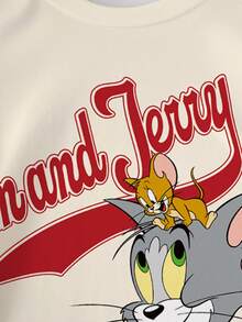 TOM & JERRY X SHEIN 男童卡通图案字母印花圆领短袖T恤 - 卡其色 - 查看 4
