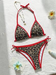 SHEIN Teen Girls Leopard Print Contrast Trim Halter Bikini 2-Piece Swimwear Set, Spring/Summer - Multicolor - View 1