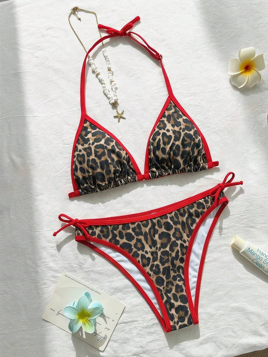 SHEIN Teen Girls Leopard Print Contrast Trim Halter Bikini 2-Piece Swimwear Set, Spring/Summer - Multicolor - View 1