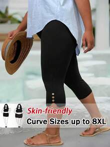 SHEIN CURVE+ 大码弹力紧身七分裤，休闲运动瑜伽裤 - 黑色 - 查看 1