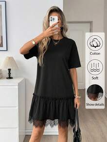 EMERY ROSE Đầm ngắn tay ngắn cổ tròn màu trơn, viền bèo nhún, kiểu dáng thường ngày dành cho nữ. - màu đen - Xem 9