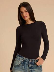 SHEIN BAE Women's Solid Color Backless Long Sleeve Bodysuit/ - Brown - View 3