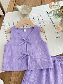 SHEIN 两件套女童条纹圆领上衣和短裤套装 - 紫色 - 查看 4