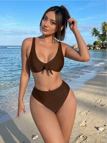 Bloopia Bộ bikini thời trang màu trơn thắt nút phía trước dành cho nữ, bikini cạp cao, đồ bơi màu nâu cho nữ, trang phục đi nghỉ mát cho nữ, bộ bikini hai mảnh màu nâu cho nữ. - Cà phê nâu - Xem 3