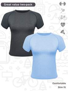 Velisys Velisys 2 piezas Camiseta deportiva de mujer de cuello redondo y manga corta, ajustada y entallada para correr, fitness, yoga - Negro - Ver 7