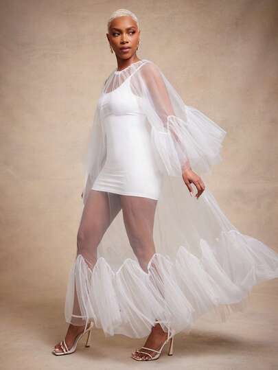 Vixey Statement Sheer Tulle Ruffle Sleeve & Hem Layering Dress, Cocktail, Elegant, Date Night, Glamorous, Special Occasion, Summer Cover Up Dress