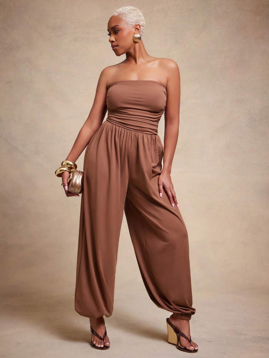 Vixey Bộ jumpsuit dệt kim co giãn, ôm sát, xếp ly, không dây vai, ống rộng. - màu nâu - Xem 1