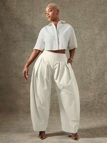Vixey High Waist Pleated Detail Barrel Leg Office Pants - Apricot - View 2