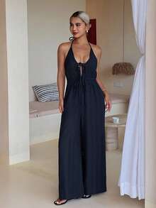 DAZY Women's Solid Color Front Tie Halter Wide Leg Jumpsuit Pajamas - Navy Blue - View 1