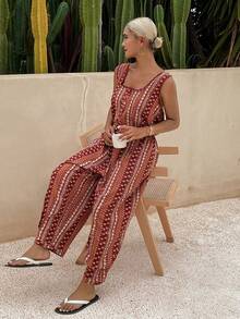 Livesso Women's Ditsy Floral Sleeveless Jumpsuit For Vacation/Home Wear Summer Pajamas - Red - View 3