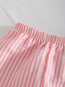 Young Girls' Striped Short Sleeve Pajama Set, Embroidered Rabbit Pocket, Spring/Summer/Autumn - Rose Red - View 5