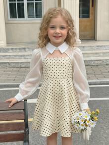 SHEIN Young Girl Polka Dot Print Patchwork Long Sleeve Dress, Spring/Summer - Multicolor - View 4