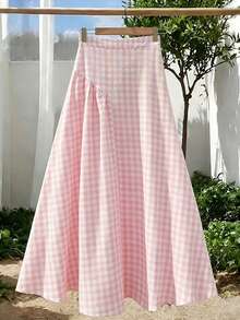 GlowEve CURVE Plus Size Plaid High Waist A-Line Skirt, Stylish For Spring Fall - Pink - View 1