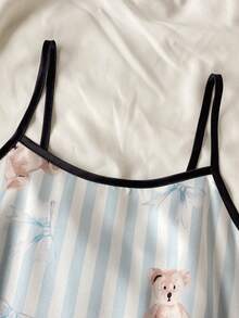 2pcs Set Piyama Nyaman untuk Anak Perempuan, Terbuat dari Sutra Imitasi dengan Motif Beruang Bergaris dan Atasan Camisole serta Celana Pendek - Blue and White - View 8