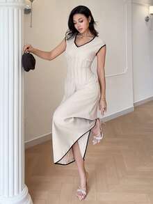 Modelyn New V-Neck Contrast Trim Raglan Sleeve Ruched Waist Slimming Elegant Korean Style Casual Everyday Versatile Dress - Khaki - View 1