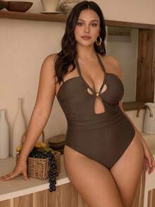 Swim Chiccia 2026 Summer New Plus Size Women's Fashionable Sexy Backless Solid Brown One-Piece Swimsuit Beach Outfit - Brown - View 3