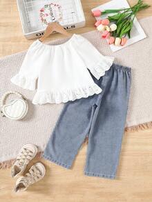 Elladie kids 2 件套年轻女孩蕾丝边露肩衬衫和珍珠装饰牛仔长裤套装，适合夏季日常穿着 - 彩色 - 查看 7