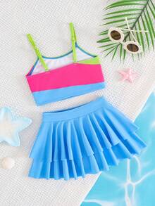 Cozy Pixies Conjunto de bikini con tirantes de espagueti y volantes en el bajo para niñas jóvenes, de colores contrastantes - Azul - Ver 2
