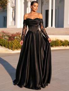 Glamrae Elegantes, luxuriöses Satin Puffkleid mit Spitzenbesatz, schulterfreiem, transparentem Kurzarm, geeignet für Hochzeiten, Partys, Dates, Galas (reich verziert) - Schwarz - Übersicht 7
